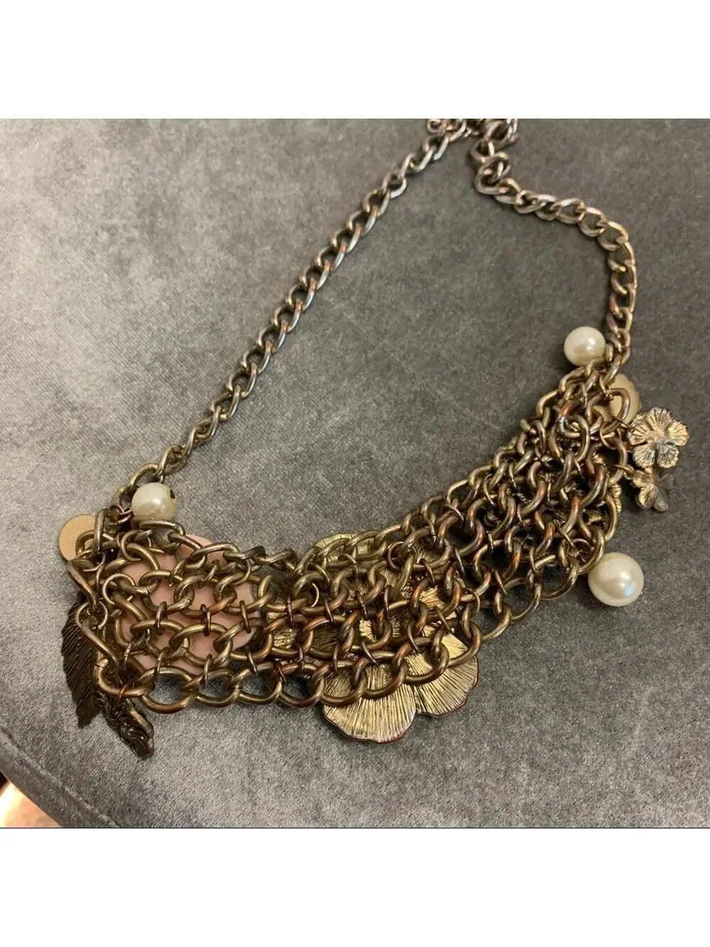 PEACH pink cream floral flower faux pearl leaf chunky statement necklace prom - Picture 9 of 10